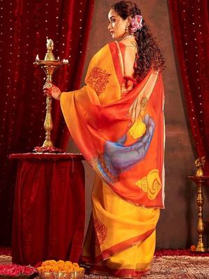 Yellow ethnic motifs zari  linen fusion saree 3