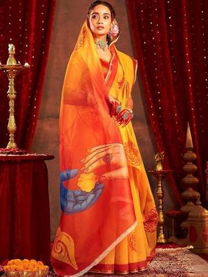 Yellow ethnic motifs zari  linen fusion saree 5