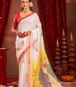 White ethnic motifs zari  linen fusion saree
