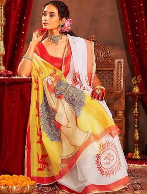 White ethnic motifs zari  linen fusion saree 2