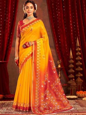 Yellow ethnic motifs zari  linen fusion saree 1