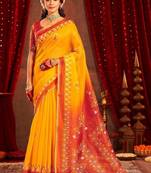 Yellow ethnic motifs zari  linen fusion saree