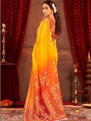 Yellow ethnic motifs zari  linen fusion saree 3
