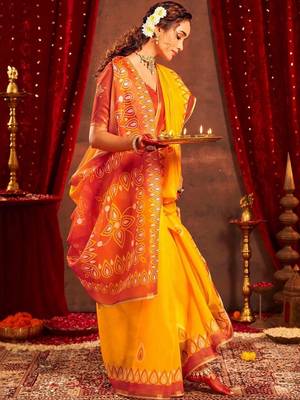 Yellow ethnic motifs zari  linen fusion saree 4