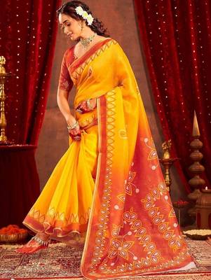 Yellow ethnic motifs zari  linen fusion saree 5