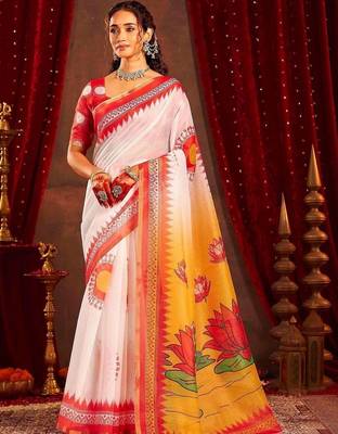 White ethnic motifs zari  linen fusion saree 1