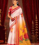 White ethnic motifs zari  linen fusion saree