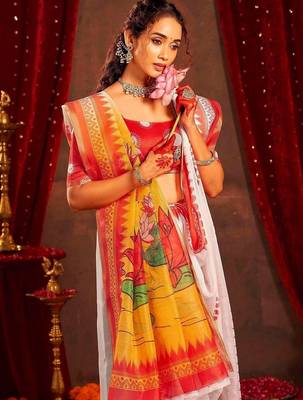 White ethnic motifs zari  linen fusion saree 2