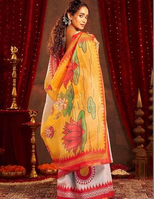 White ethnic motifs zari  linen fusion saree 3