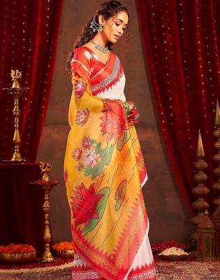 White ethnic motifs zari  linen fusion saree 4