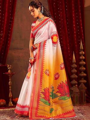 White ethnic motifs zari  linen fusion saree 5