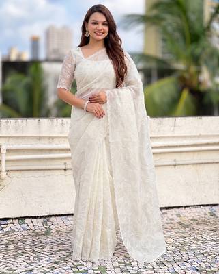 Women's turkish embroidery organza designer saree with blouse 1