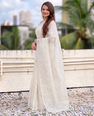 Women's turkish embroidery organza designer saree with blouse 3