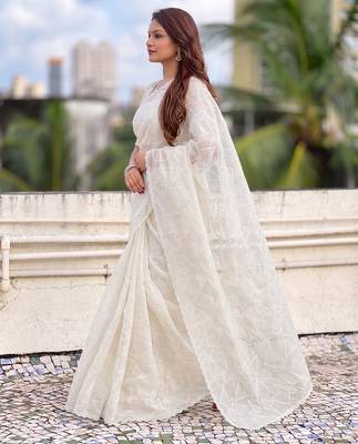 Women's turkish embroidery organza designer saree with blouse 4