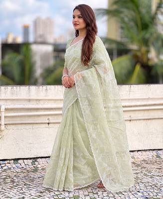 Women's turkish embroidery organza designer saree with blouse 2