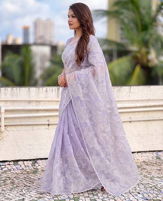 Women's turkish embroidery organza designer saree with blouse 4