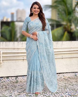 Women's turkish embroidery organza designer saree with blouse 1