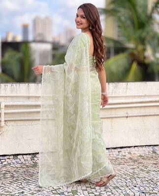 Women's turkish embroidery organza designer saree with blouse 4