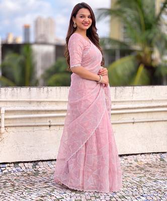 Women's turkish embroidery organza designer saree with blouse 4
