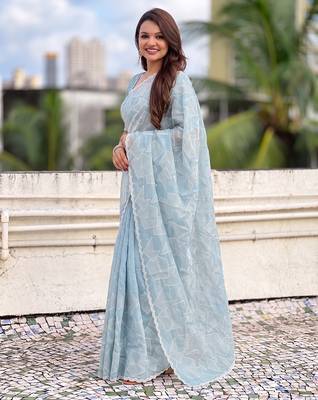 Women's turkish embroidery organza designer saree with blouse 4