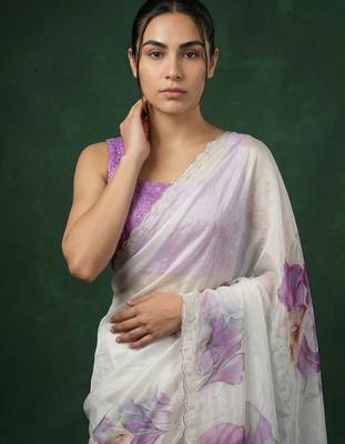Women's embroidery boarder printed satin traditional saree with blouse 4