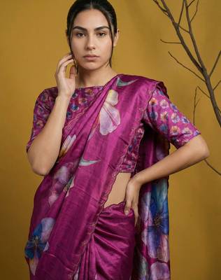 Women's embroidery boarder printed satin traditional saree with blouse 2