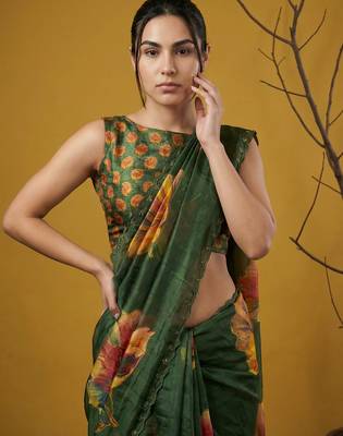Women's embroidery boarder printed satin traditional saree with blouse 4