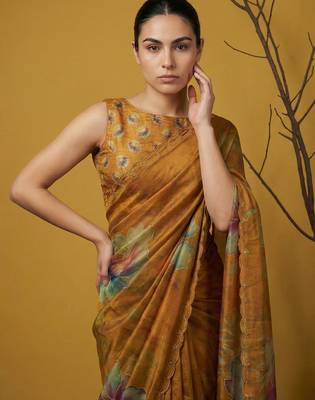 Women's embroidery boarder printed satin traditional saree with blouse 2