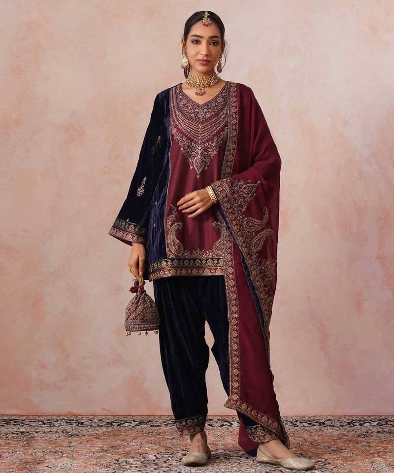 Maroon velvet embroidered suit set