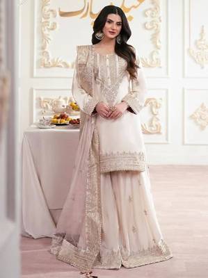 Ivory french crepe embroidered palazzo suit set 1
