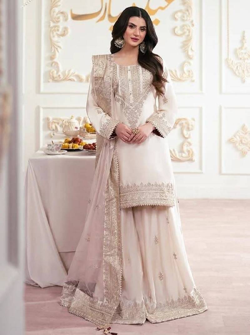 Ivory french crepe embroidered palazzo suit set