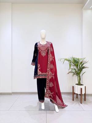 Maroon velvet embroidered suit set 3