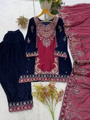 Maroon velvet embroidered suit set 4