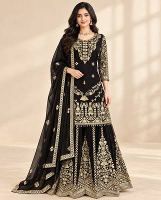 Black georgette embroidered sharara plazzo suit set 1