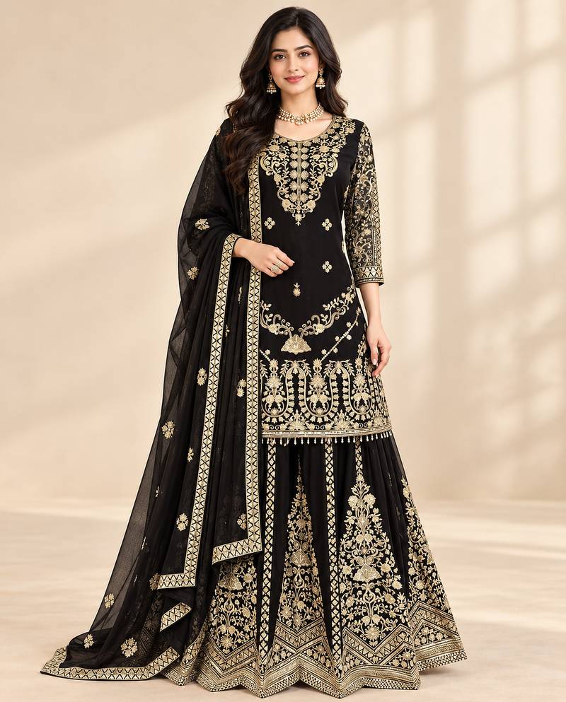Black georgette embroidered sharara plazzo suit set