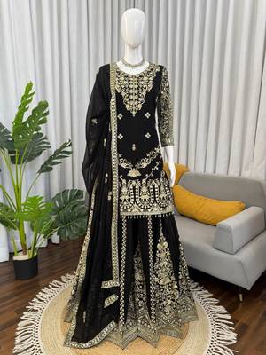 Black georgette embroidered sharara plazzo suit set 2