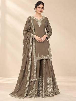 Taupe brown designer sharara suit set 1