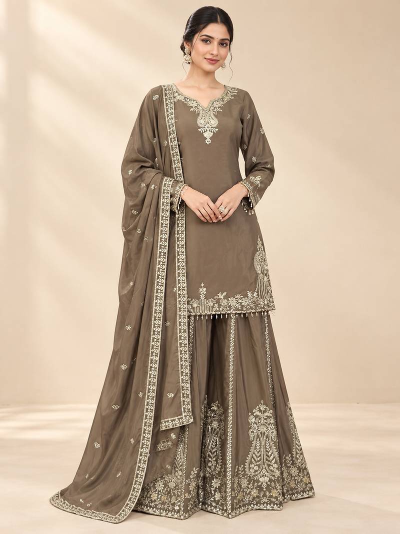 Taupe brown designer sharara suit set