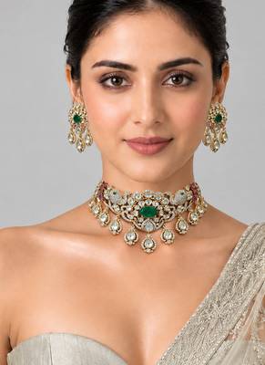 Gold plated emerald green moissanite polki choker necklace set 1