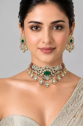Gold plated emerald green moissanite polki choker necklace set