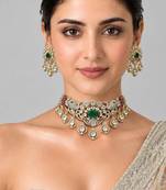 Gold plated emerald green moissanite polki choker necklace set