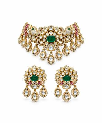 Gold plated emerald green moissanite polki choker necklace set 2