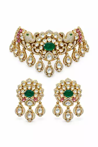 Gold plated emerald green moissanite polki choker necklace set