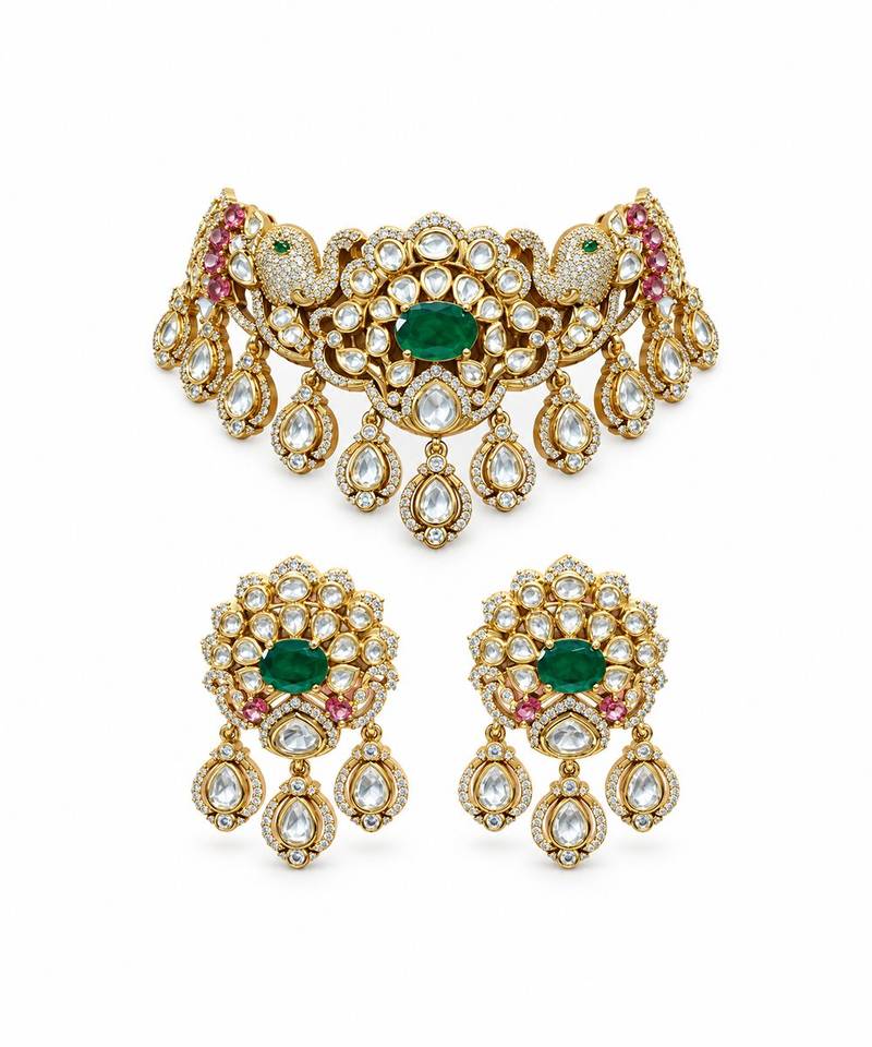 Gold plated emerald green moissanite polki choker necklace set