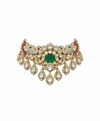 Gold plated emerald green moissanite polki choker necklace set 3