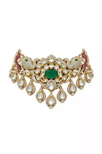 Gold plated emerald green moissanite polki choker necklace set