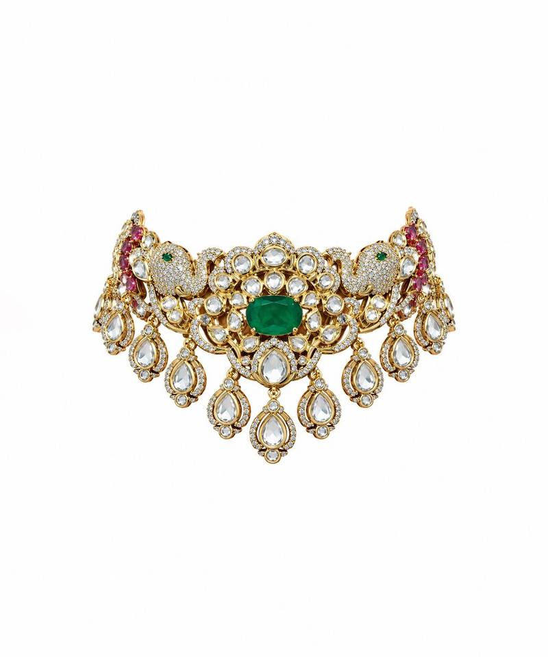 Gold plated emerald green moissanite polki choker necklace set