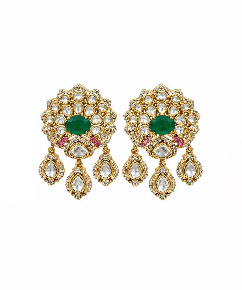 Gold plated emerald green moissanite polki choker necklace set