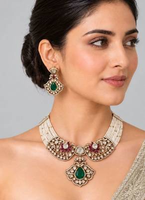 Gold plated emerald green moissanite polki choker necklace set 1