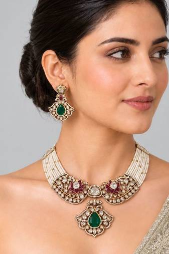 Gold plated emerald green moissanite polki choker necklace set